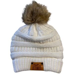 C.C Leather Patch Ultimate Fur Pom Pom Cuff Beanie White OS